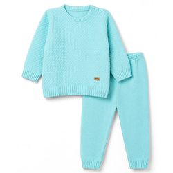 Babyhug Knit Full Sleeves Textured Sweater Set - Teal Blue