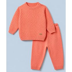 Babyhug Knit Full Sleeves Textured Sweater Set - Teal Blue