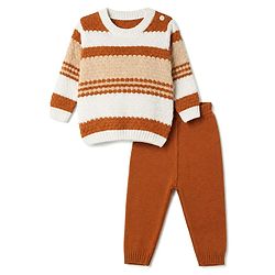 Babyhug Knit Full Sleeves Striped Sweater Set - Light Brown