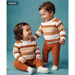 Babyhug Knit Full Sleeves Striped Sweater Set - Light Brown
