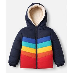 Babyhug Woven Padded Hoodie Jacket with Full Sleeves and Chevron Stripes Print in Navy Blue