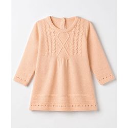 Babyhug Knit Woolen Dress with Full Sleeves and Cable Knit Design - Peach