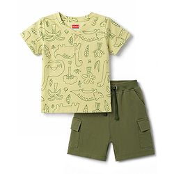 Babyhug 100% Cotton Single Jersey Knit Half Sleeves Dino Printed Henley T-Shirt and Shorts Set - Olive Green