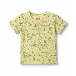 Babyhug 100% Cotton Single Jersey Knit Half Sleeves Dino Printed Henley T-Shirt and Shorts Set - Olive Green