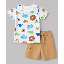 Babyhug 100% Cotton Single Jersey Knit Half Sleeves T-Shirt & Shorts With Animal Print - White & Light Brown