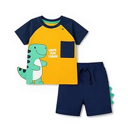 Babyhug Single Jersey Knit Half Raglan Sleeves T-Shirt & Shorts Set Dino Print - Orange & Blue