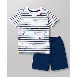 Babyhug 100% Cotton Single Jersey Knit Half Sleeves T-Shirt & Shorts Set With Sea Life Print - White & Navy Blue