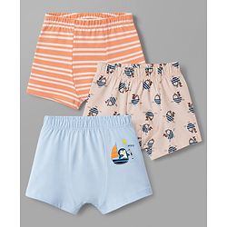 Babyhug 100% Cotton Knit Striped Briefs With Boat Print Pack of 3 - Peach, Orange & Light Blue