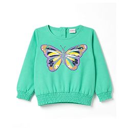 Babyhug 100% Cotton Knit Full Sleeves Sequins Embellished Top with Butterfly Print - Sea Green