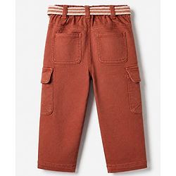 Babyhug Cotton Blend Denim Full Length Washed Jeans With Belt & Cargo Pockets - Rust Orange