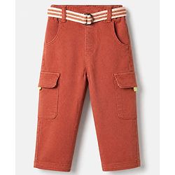Babyhug Cotton Blend Denim Full Length Washed Jeans With Belt & Cargo Pockets - Rust Orange
