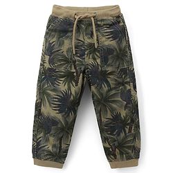 Babyhug Cotton Lycra Woven Full Length Trousers With Stretch & Tropical Print - Olive