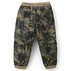Babyhug Cotton Lycra Woven Full Length Trousers With Stretch & Tropical Print - Olive