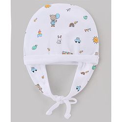 Babyhug 100% Cotton Interlock Knit Ear Flap Cap with Bear & rabbit Print White - Diameter 16 cm