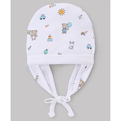 Babyhug 100% Cotton Interlock Knit Ear Flap Cap with Bear & rabbit Print White - Diameter 16 cm