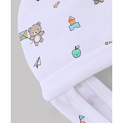 Babyhug 100% Cotton Interlock Knit Ear Flap Cap with Bear & rabbit Print White - Diameter 16 cm