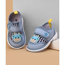 Cute Walk by Babyhug Velcro Closure Checked Musical Shoes With Animal Applique - Blue