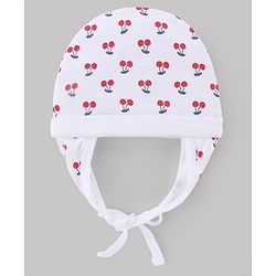 Babyhug 100% Cotton Interlock Knit Ear Flap Cap with Cherry Print White - Diameter 16 cm