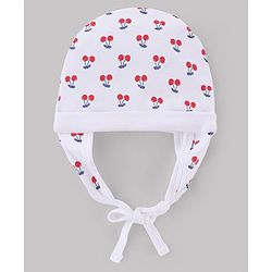 Babyhug 100% Cotton Interlock Knit Ear Flap Cap with Cherry Print White - Diameter 16 cm
