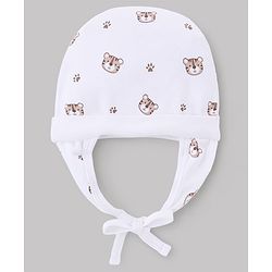 Babyhug 100% Cotton Interlock Knit Ear Flap Cap with Tiger Print White - Diameter 16 cm