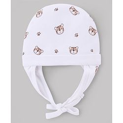 Babyhug 100% Cotton Interlock Knit Ear Flap Cap with Tiger Print White - Diameter 16 cm
