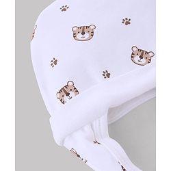Babyhug 100% Cotton Interlock Knit Ear Flap Cap with Tiger Print White - Diameter 16 cm