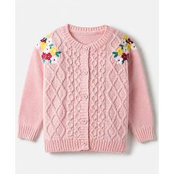 Babyhug Knit Full Sleeves Front Open Sweaters With Cable Knit Design & Floral Embroidery - Pink