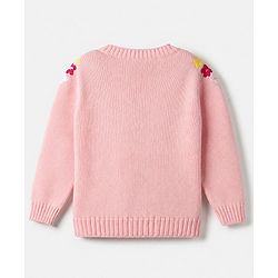 Babyhug Knit Full Sleeves Front Open Sweaters With Cable Knit Design & Floral Embroidery - Pink