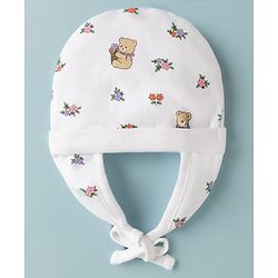 Babyhug 100% Cotton Interlock Knit Ear Flap Cap With Teddy Bear & Flora L Print White - Diameter 14.5 cm