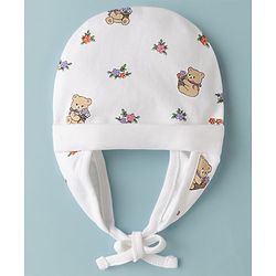 Babyhug 100% Cotton Interlock Knit Ear Flap Cap With Teddy Bear & Flora L Print White - Diameter 14.5 cm