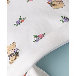 Babyhug 100% Cotton Interlock Knit Ear Flap Cap With Teddy Bear & Flora L Print White - Diameter 14.5 cm