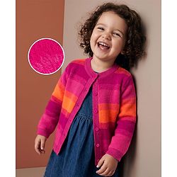 Babyhug Knit Striped Front Open Sweaters - Pink