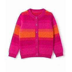 Babyhug Knit Striped Front Open Sweaters - Pink