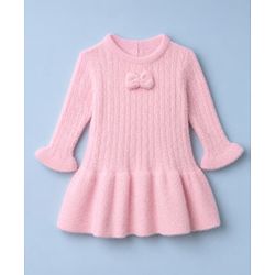 Babyhug Knit Woolen Dress with Full Sleeves and Bow Applique in Pink for 9-12 Months