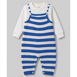 Babyhug  Knit Full Sleeves Striped Winter Wear Romper With Inner Tee- Blue