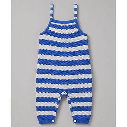 Babyhug  Knit Full Sleeves Striped Winter Wear Romper With Inner Tee- Blue