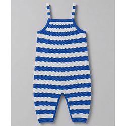 Babyhug  Knit Full Sleeves Striped Winter Wear Romper With Inner Tee- Blue