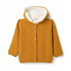 Babyhug Knit Full Sleeves Solid Colour Front Open Hooded Sweater - Yellow