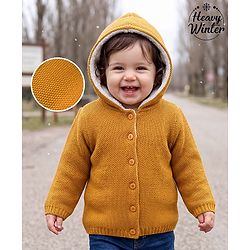 Babyhug Knit Full Sleeves Solid Colour Front Open Hooded Sweater - Yellow
