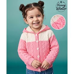 Babyhug Knit Full Sleeves Hooded Sweater With Cable Knit  Design - Pink & White