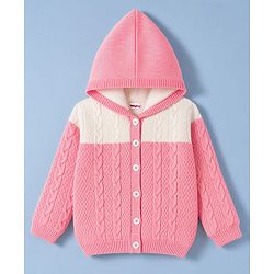 Babyhug Knit Full Sleeves Hooded Sweater With Cable Knit  Design - Pink & White
