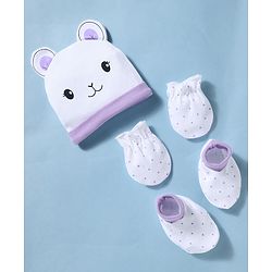 Babyhug 100% Cotton Knit Polka Dots & Animal Printed Cap Mittens & Booties Set Purple - Diameter 16 cm
