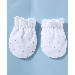 Babyhug 100% Cotton Knit Polka Dots & Animal Printed Cap Mittens & Booties Set Purple - Diameter 16 cm