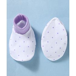 Babyhug 100% Cotton Knit Polka Dots & Animal Printed Cap Mittens & Booties Set Purple - Diameter 16 cm