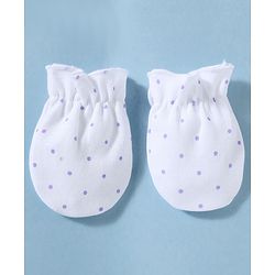 Babyhug 100% Cotton Knit Polka Dots & Animal Printed Cap Mittens & Booties Set Purple - Diameter 16 cm