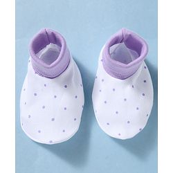 Babyhug 100% Cotton Knit Polka Dots & Animal Printed Cap Mittens & Booties Set Purple - Diameter 16 cm