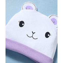 Babyhug 100% Cotton Knit Polka Dots & Animal Printed Cap Mittens & Booties Set Purple - Diameter 16 cm
