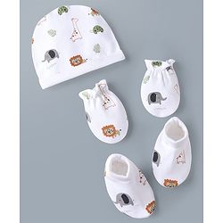 Babyhug 100% Cotton Knit Animal Printed Cap Mittens & Booties Set White - Diameter 32 cm
