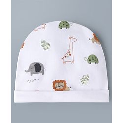 Babyhug 100% Cotton Knit Animal Printed Cap Mittens & Booties Set White - Diameter 32 cm