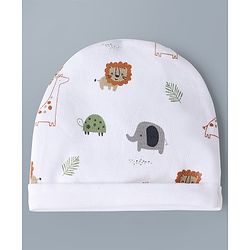 Babyhug 100% Cotton Knit Animal Printed Cap Mittens & Booties Set White - Diameter 32 cm